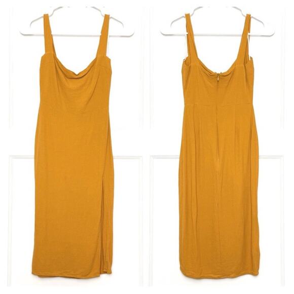 Reformation 0 Goldenrod Crepe Square neck Dress Midi Sheath Mustard Yellow K4 - Picture 5 of 7